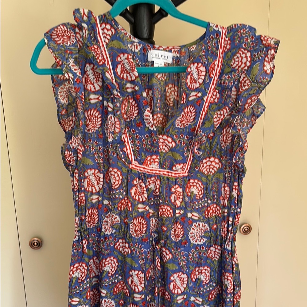 Velvet Blue and Red Floral Maxi Dress